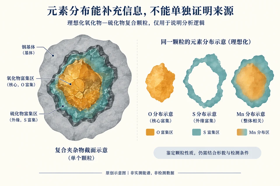 图 3｜理想化复合颗粒的元素分布示意。选取氧化物核心与硫化物外层作为解释案例，并非所有夹杂物的通用结构；不是实测能谱或检测数据。