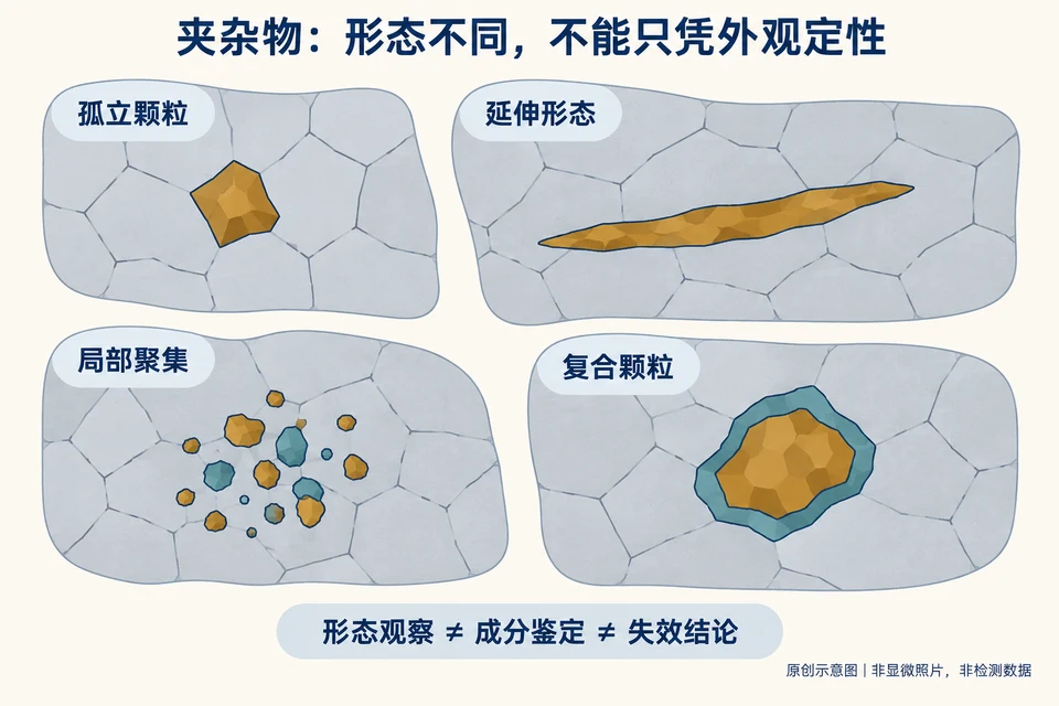 图 2｜夹杂物形态的原创示意。四类外观用于说明观察差异，不代表实测评级，不应据此直接鉴定成分或判定危害。
