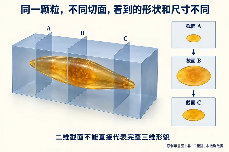 图 4｜同一理想化颗粒在不同位置的截面示意。不同截面呈现的形状和尺寸可能不同；不是 CT 重建或实测三维数据。